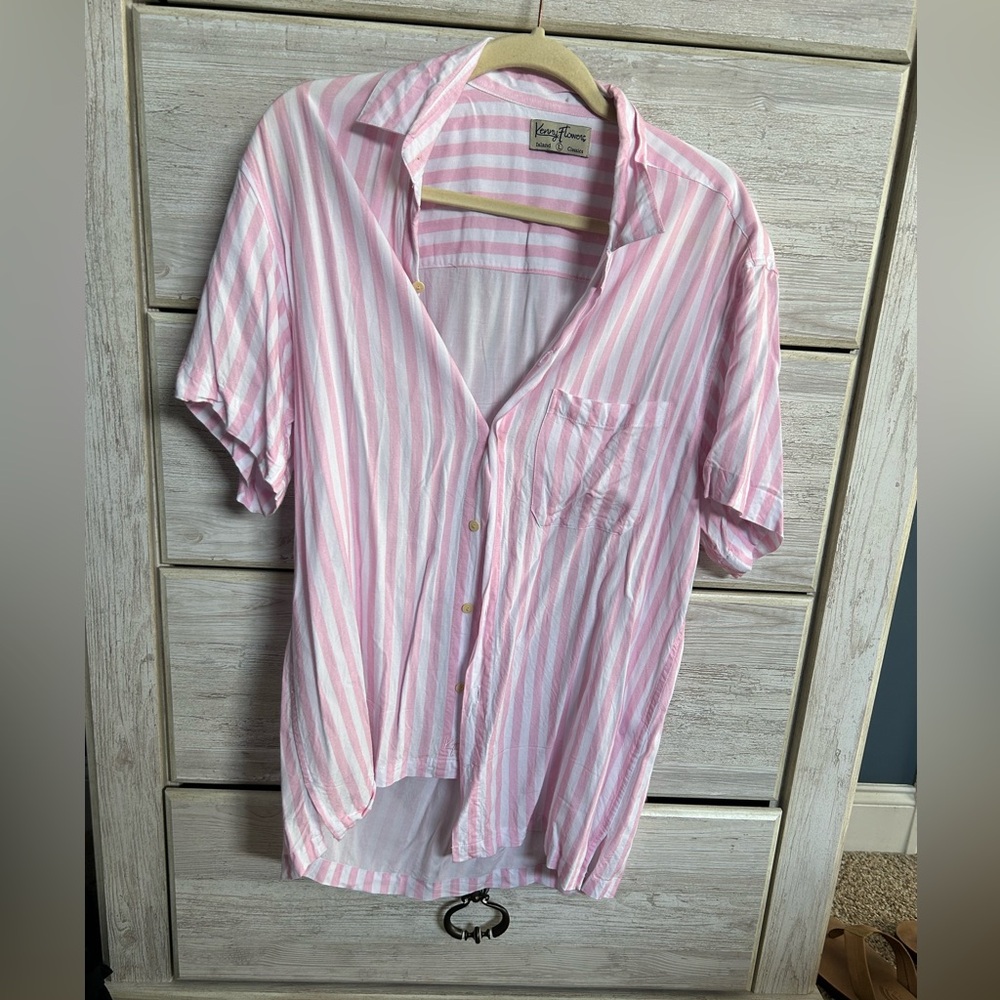 Kenny Flowers Men’s Pink and White Striped Shirt - Island Classics size Large